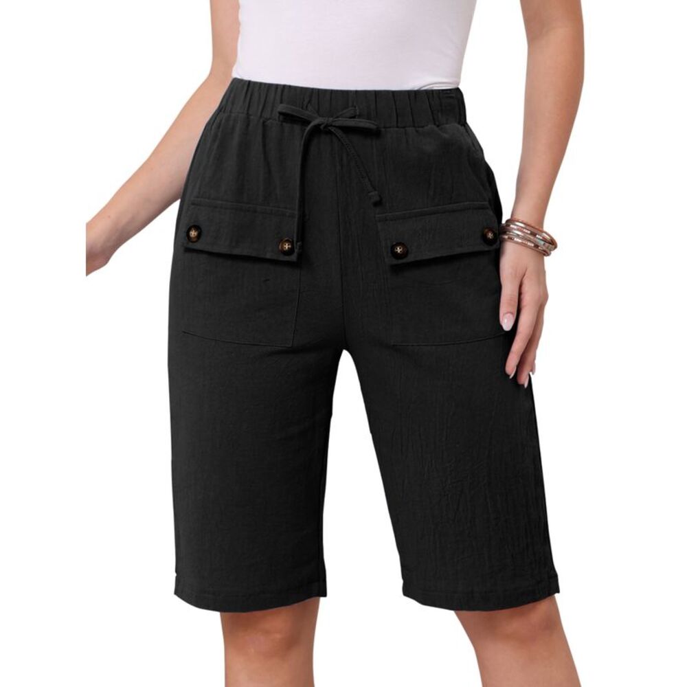 Women Casual Keen Length Elastic Waist Drawstring Pockets Shorts Black